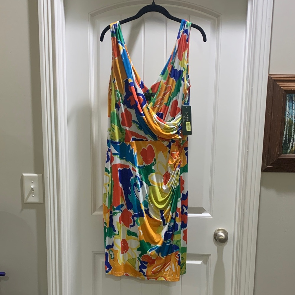 Ralph Lauren Multicolor Floral Midi Dress Faux Wrap - 12 NWT